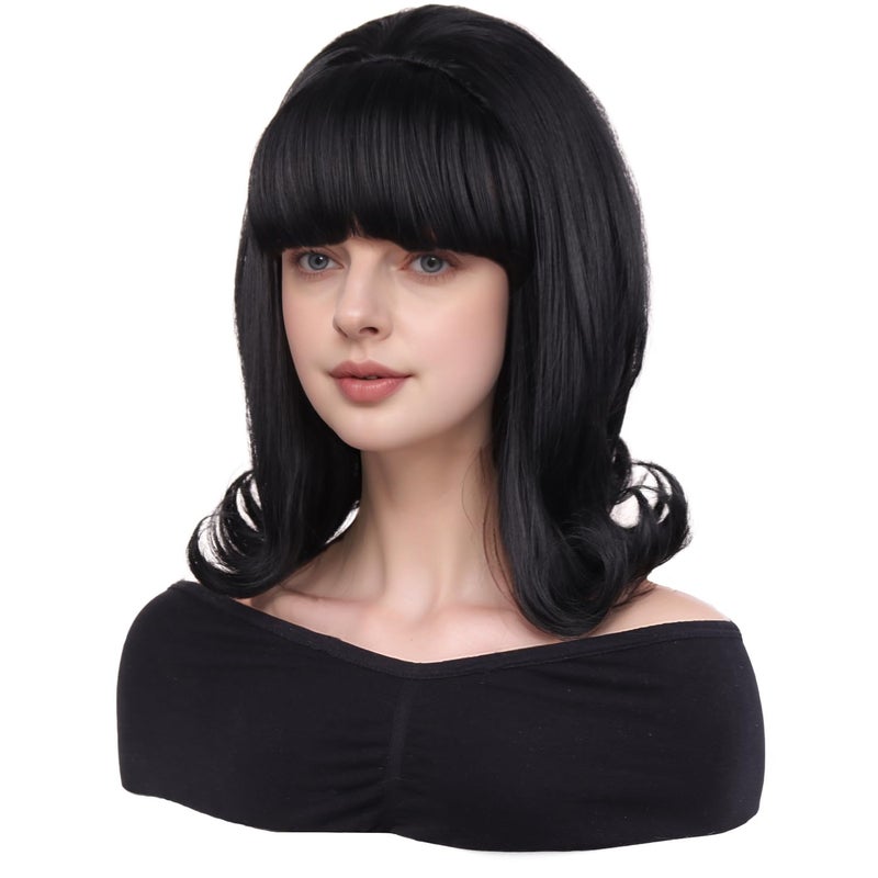 MAGQOO Black Wig Women Short Black Wig with Bangs Retro Bouffant Beehive Wigs 60s 70s 80s Costume Cosplay Halloween Party with Wig Cap - Image 3